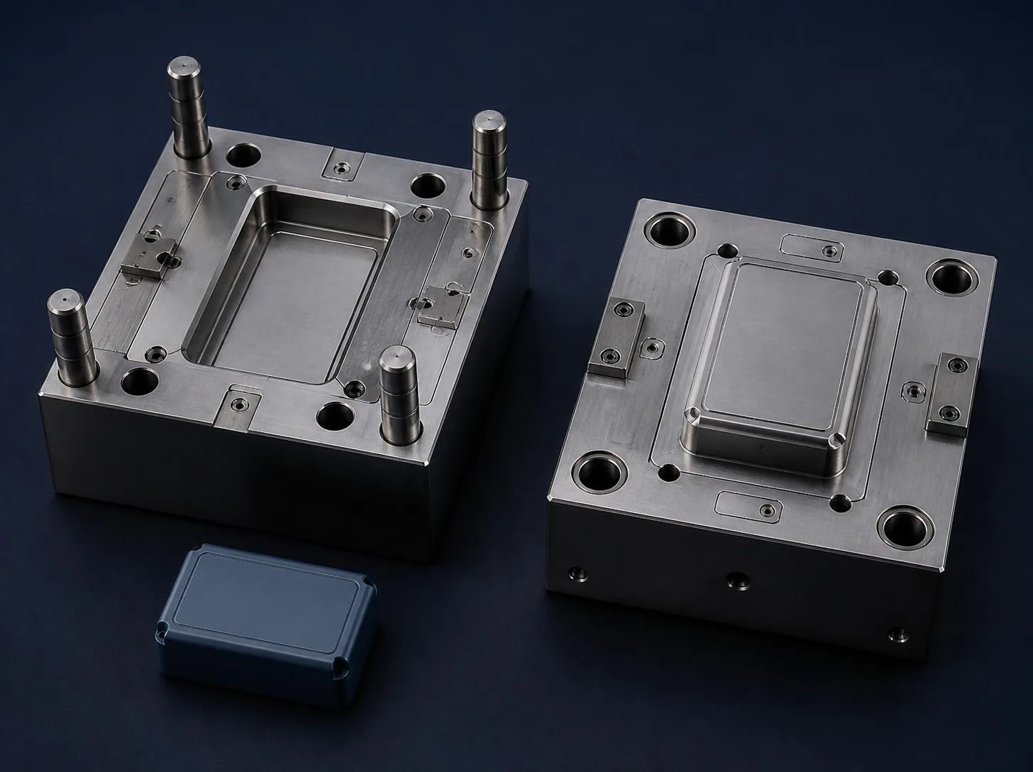 Injection mold halves and plastic enclosure tooling concept