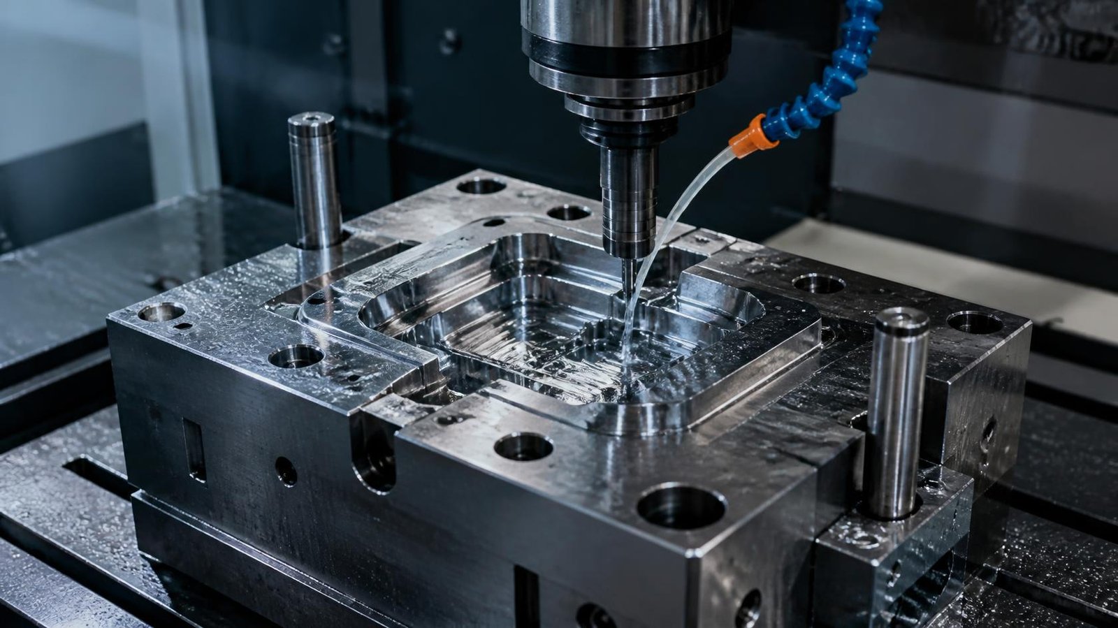 CNC machining of a steel injection mold insert with cutting tool and coolant